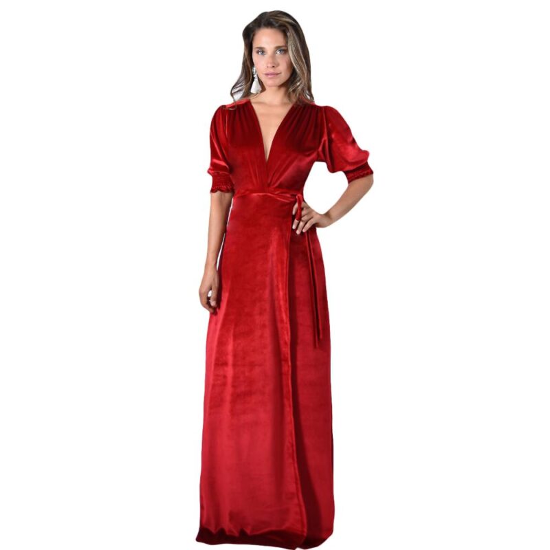 Vestido Largo Sevilla Rojo Terciopelo Manga Corta Globo Maria Paskaro