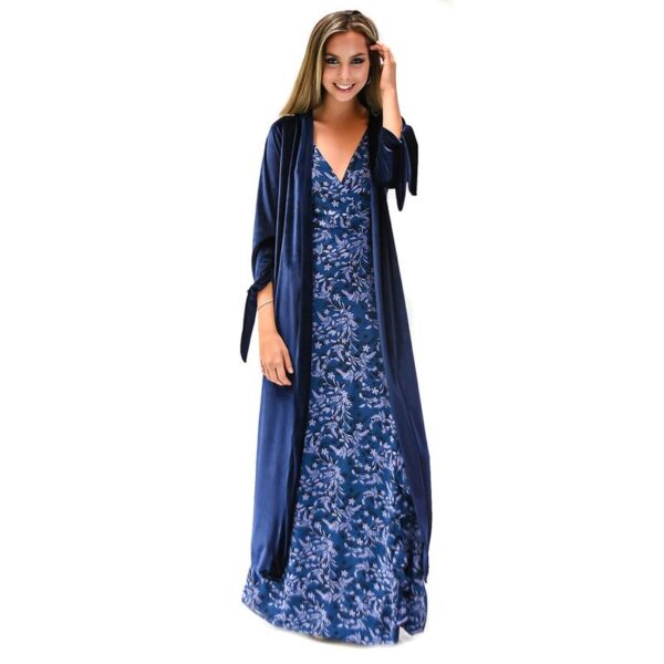 Tapado Kimono Largo Verona Azul Marino Terciopelo Bordado Maria Paskaro