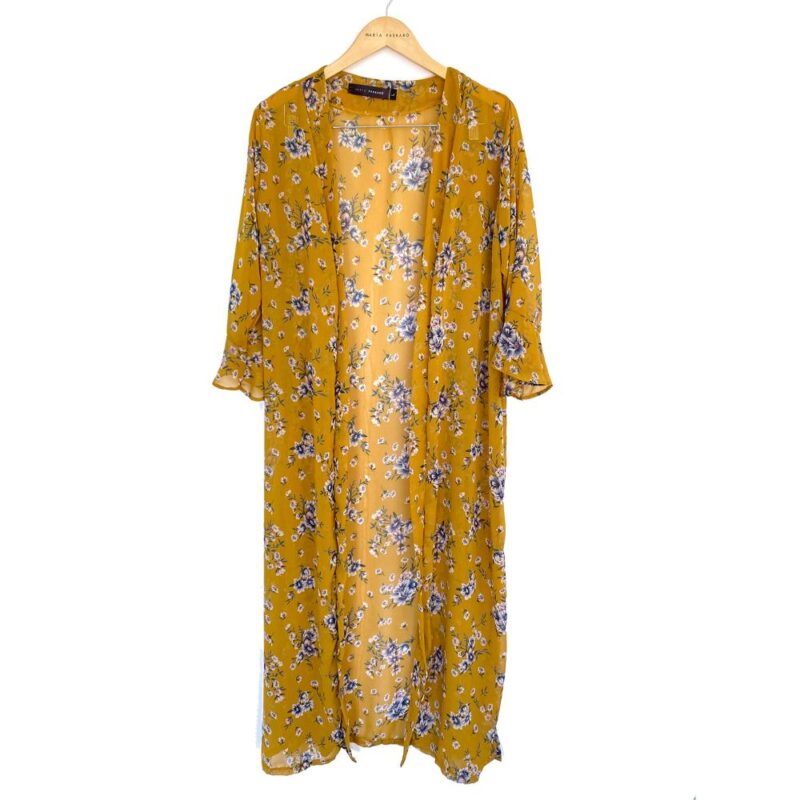 Tapado Kimono Largo Vuelos Mostaza Flores Chiffon Maria Paskaro