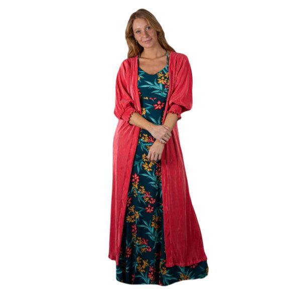 Tapado Kimono Largo Santini Coral Plisado Maria Paskaro