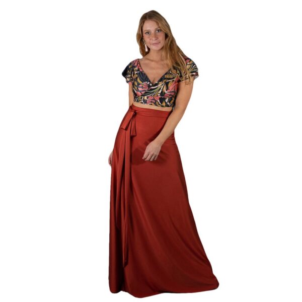 Conjunto Argelia Terracota Top Palmeras Lycra Falda Lazo Maria Paskaro