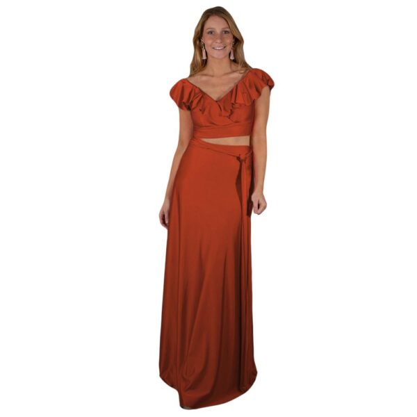 Conjunto Marken Terracota Lycra Falda Lazo Maria Paskaro