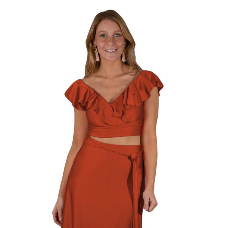 Conjunto Marken Terracota Lycra Falda Lazo Maria Paskaro