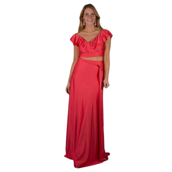 Conjunto Marken Coral Lycra Falda Lazo Maria Paskaro