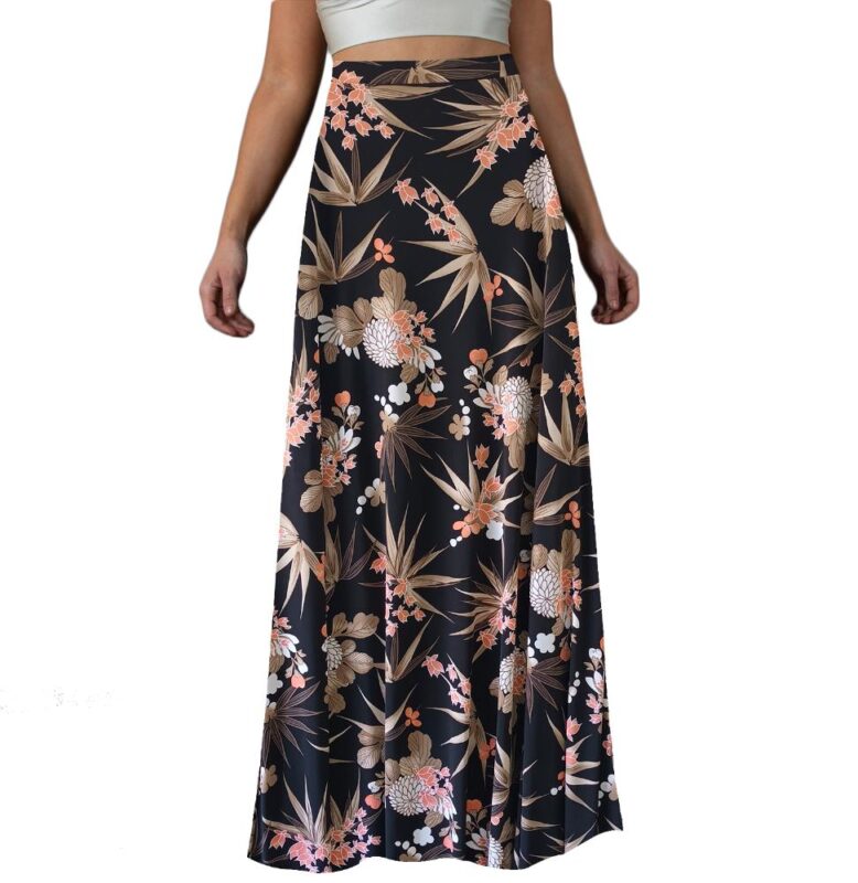 Falda Larga Bristol Negro Flores Coral Lycra Maria Paskaro