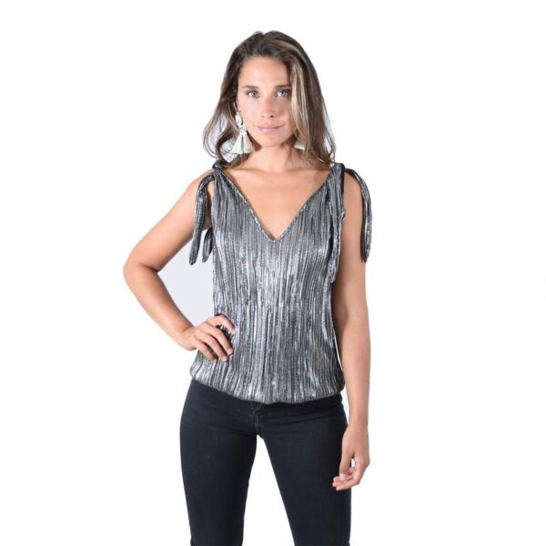 Polera Krabi Plata Oscuro Metalizado Lazo Tirantes Maria Paskaro