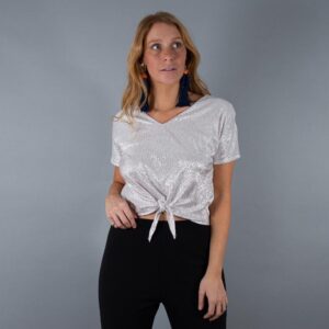 Polera Dunedin Plisado Plateado Lycra Mangas Nudo Maria Paskaro