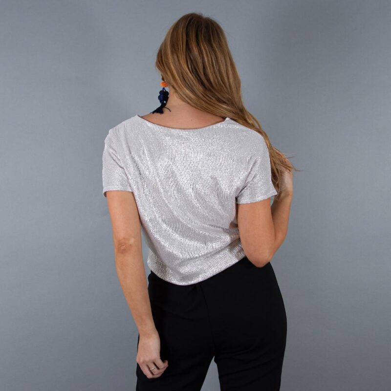 Polera Dunedin Plisado Plateado Lycra Mangas Nudo Maria Paskaro