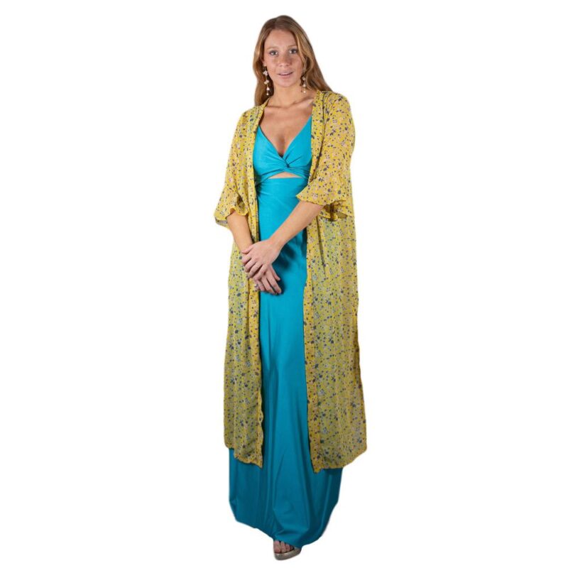 Tapado Kimono Largo Vuelos Amarillo Flores Chiffon Maria Paskaro