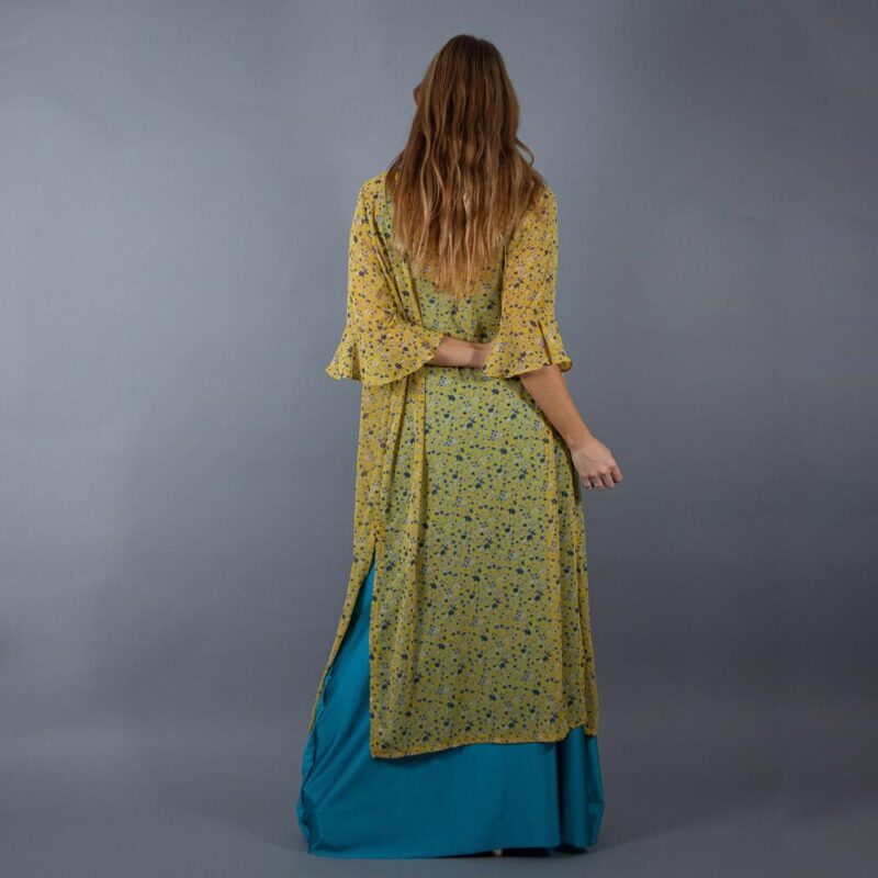 Tapado Kimono Largo Vuelos Amarillo Flores Chiffon Maria Paskaro
