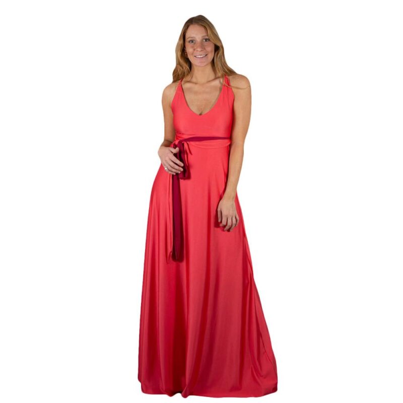 Vestido Largo Merida Coral Tira Rojo Italiano Lycra Maria Paskaro