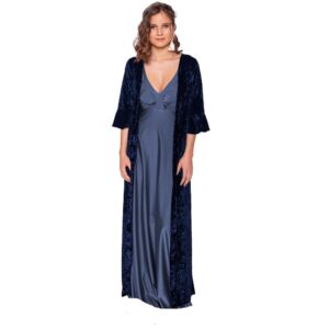 Tapado Kimono Largo Vuelos Azul Jaspeado Terciopelo Maria Paskaro