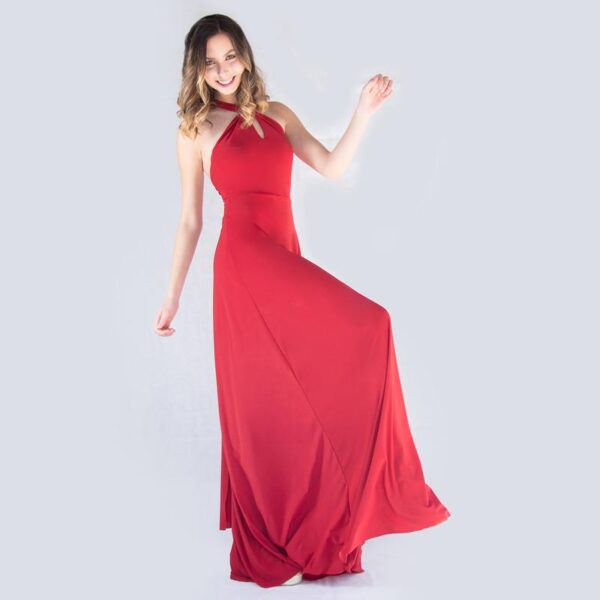 Vestido Largo Oporto Rojo Italiano Lycra Halter Amarra Maria Paskaro - Imagen 2