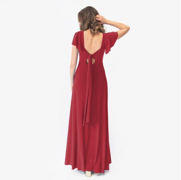 Vestido Largo Mangas Rojo Italiano Lycra Lazo Espalda Maria Paskaro - Imagen 3