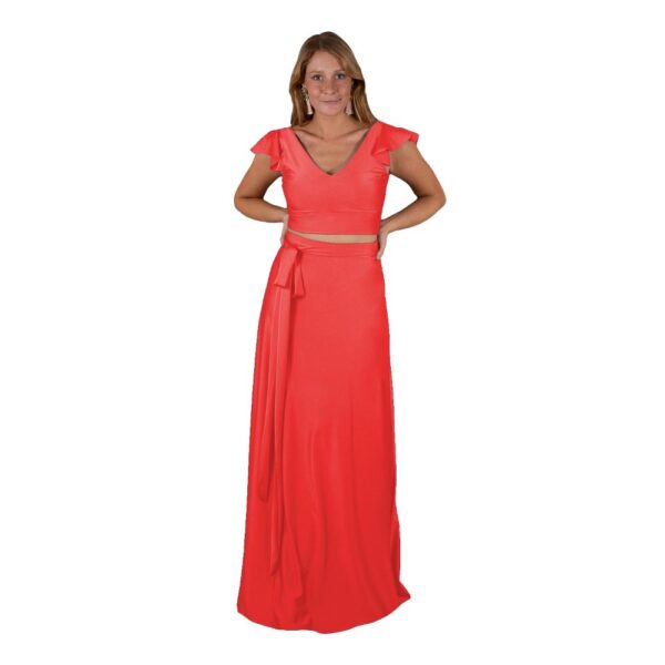 Conjunto Lima Coral Lycra Falda Lazo Maria Paskaro