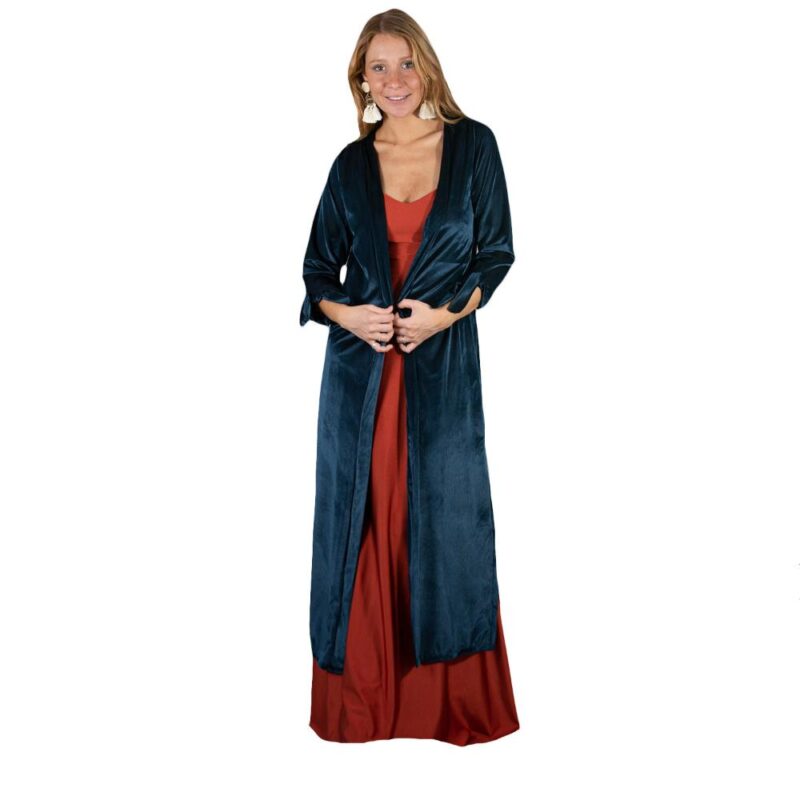 Tapado Kimono Largo Verona Azul Lineas Terciopelo Maria Paskaro