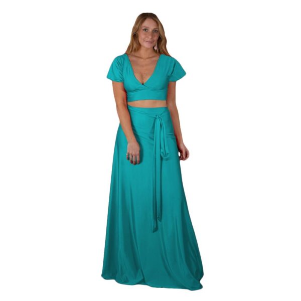 Conjunto Roma Turquesa Lycra Falda Lazo Maria Paskaro