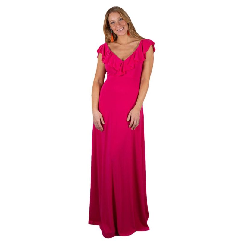 Vestido Largo Marken Fucsia Lycra Vuelo Grande Maria Paskaro