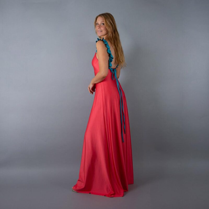 Vestido Largo Jaipur Coral Tira Turquesa Lycra Vuelitos Maria Paskaro