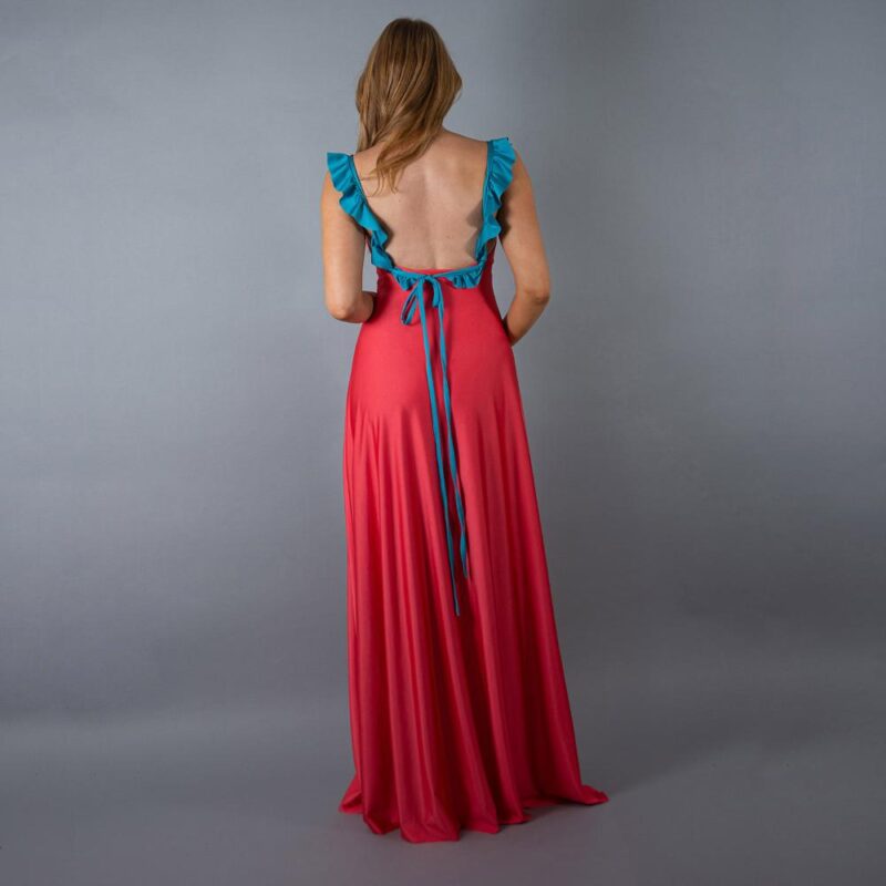 Vestido Largo Jaipur Coral Tira Turquesa Lycra Vuelitos Maria Paskaro