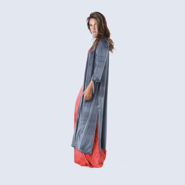 Tapado Kimono Largo Verona Grafito Lineas Terciopelo Maria Paskaro - Imagen 2