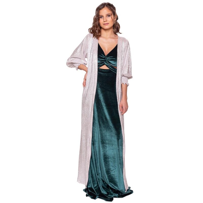 Tapado Kimono Largo Santini Plateado Brillante Metalizado Maria Paskaro