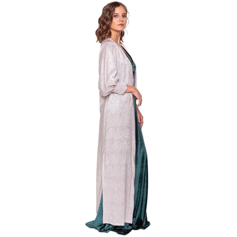 Tapado Kimono Largo Santini Plateado Brillante Metalizado Maria Paskaro