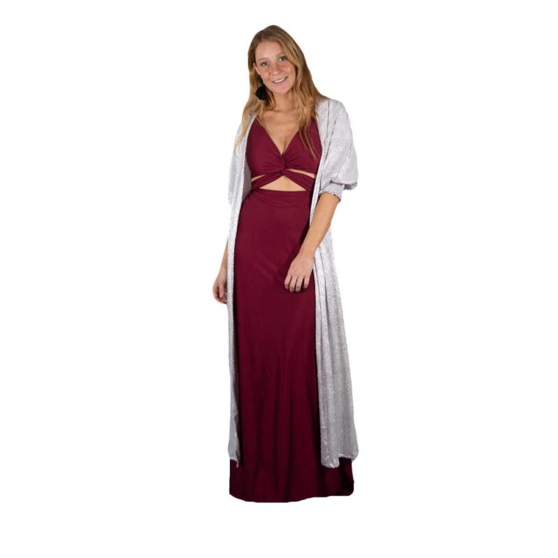 Tapado Kimono Largo Santini Plateado Brillante Metalizado Maria Paskaro