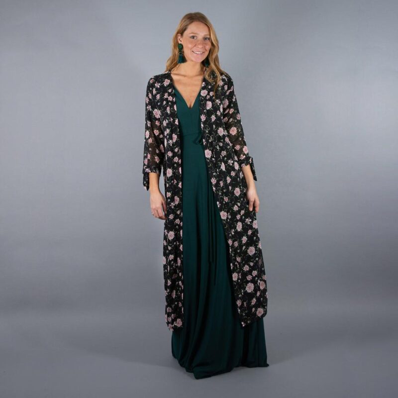 Tapado Kimono Largo Verona Negro Flores Maria Paskaro