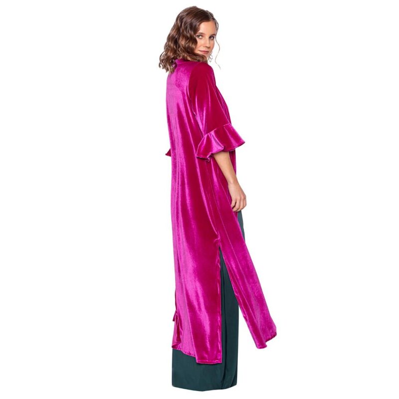 Tapado Kimono Largo Vuelos Fucsia Terciopelo Maria Paskaro