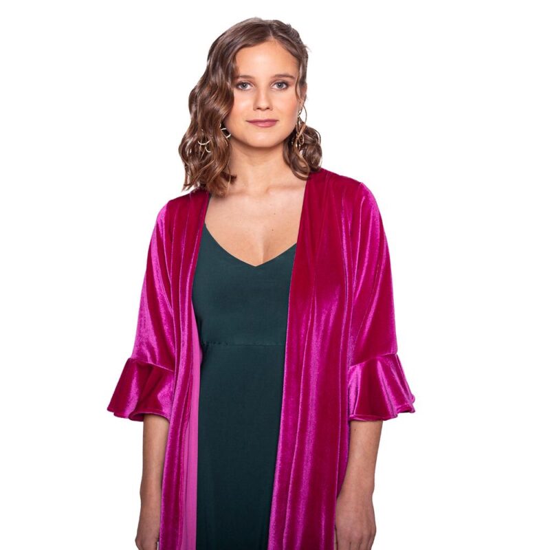 Tapado Kimono Largo Vuelos Fucsia Terciopelo Maria Paskaro