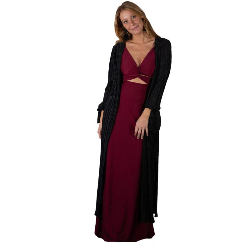 Tapado Kimono Largo Verona Negro Plisado Maria Paskaro