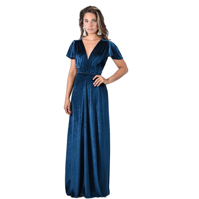 Vestido Largo York Petroleo Terciopelo Mangas  Maria Paskaro