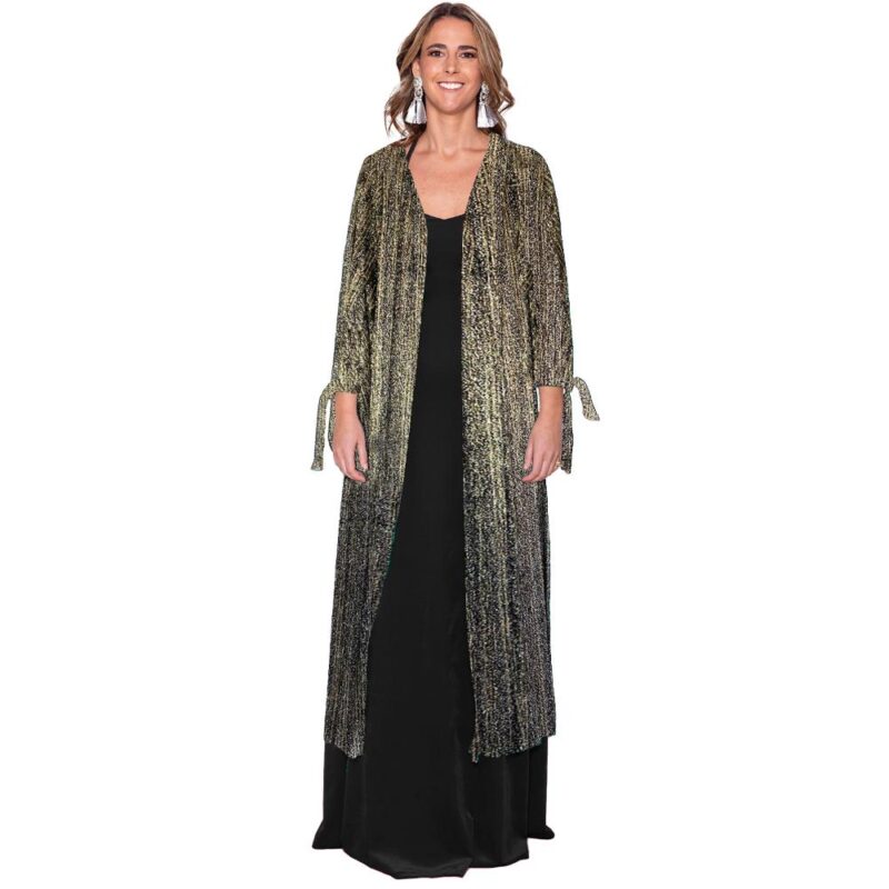 Tapado Kimono Largo Verona Negro Lineas Dorado Plisado Transparente Maria Paskaro