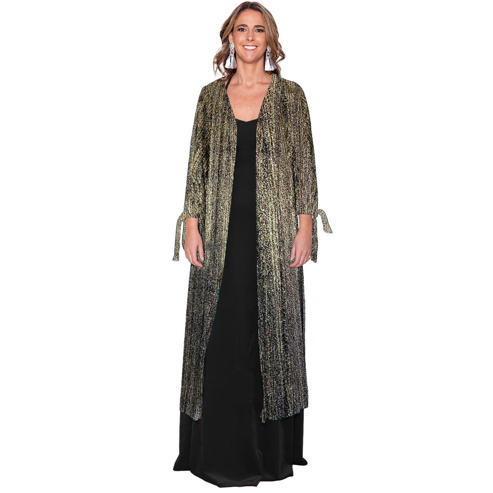Tapado Kimono Largo Verona Negro Lineas Dorado Plisado Transparente Maria Paskaro