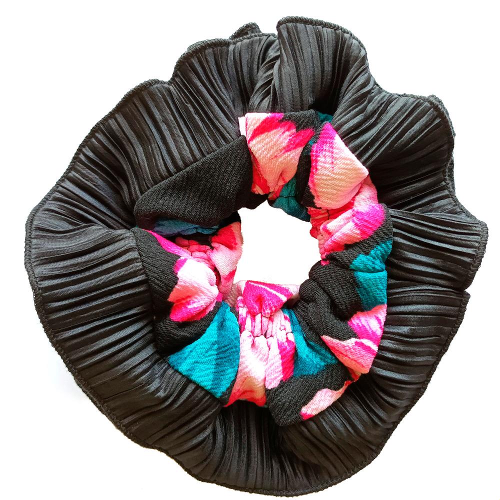 Scrunchie Collet Begonia M Negro Flores Fucsia Maria Paskaro