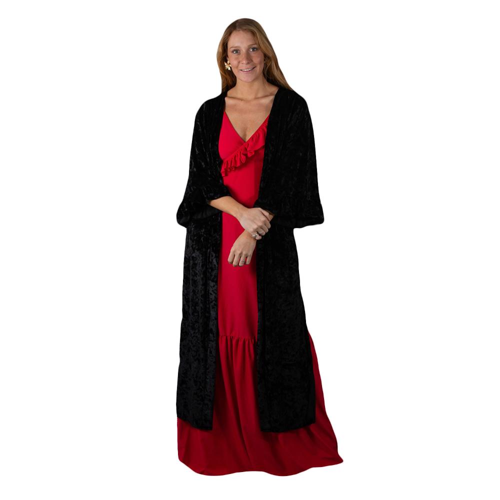 Tapado Kimono Largo Turin Negro Jaspeado Terciopelo Maria Paskaro