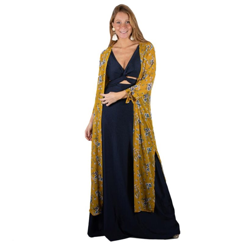 Tapado Kimono Largo Verona Mostaza Flores Maria Paskaro