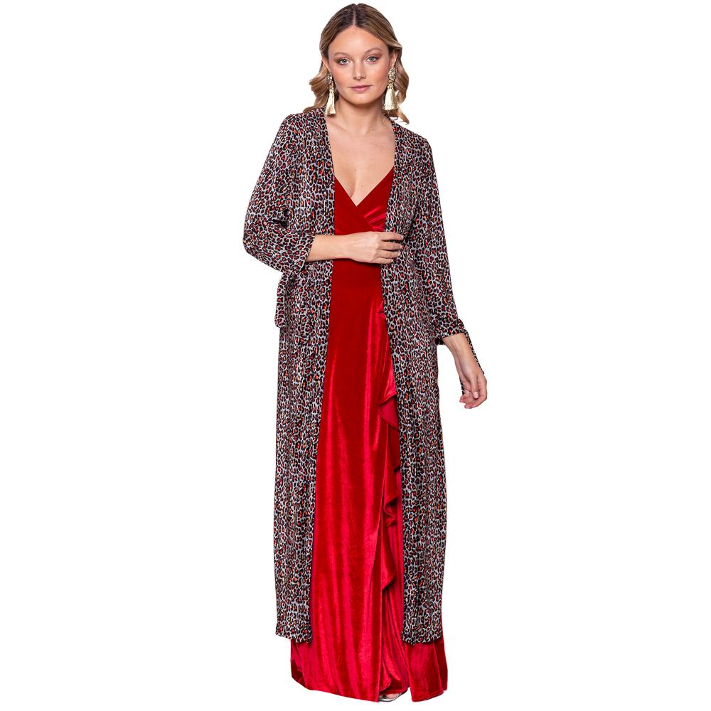 Tapado Kimono Largo Verona Animal Rojo Plisado Maria Paskaro
