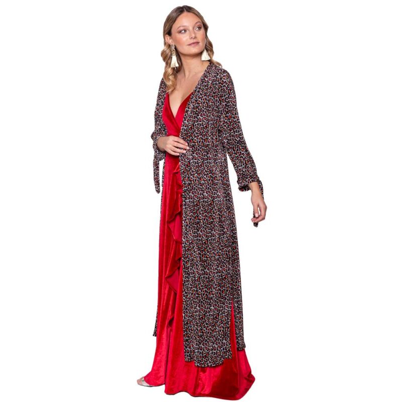 Tapado Kimono Largo Verona Animal Rojo Plisado Maria Paskaro