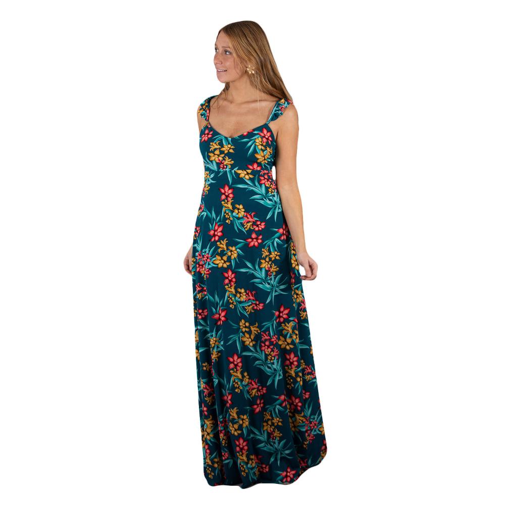 Vestido Largo Jaipur Turquesa Flores Coral Vuelitos Maria Paskaro