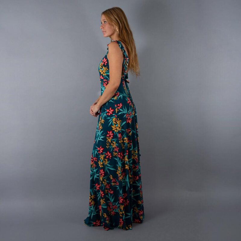 Vestido Largo Jaipur Turquesa Flores Coral Vuelitos Maria Paskaro