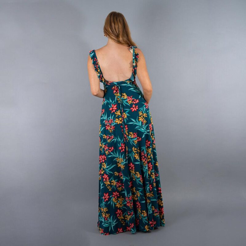 Vestido Largo Jaipur Turquesa Flores Coral Vuelitos Maria Paskaro