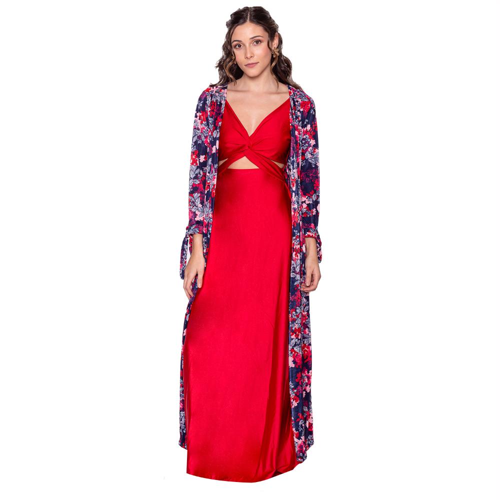 Tapado Kimono Largo Verona Azul Flores Plisado Maria Paskaro