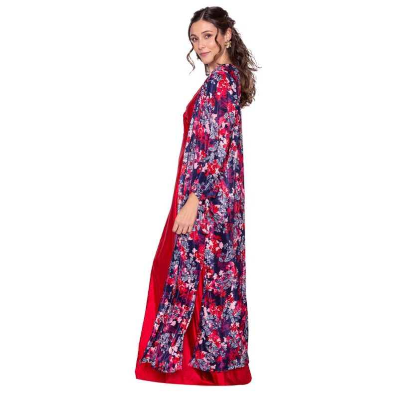Tapado Kimono Largo Verona Azul Flores Plisado Maria Paskaro