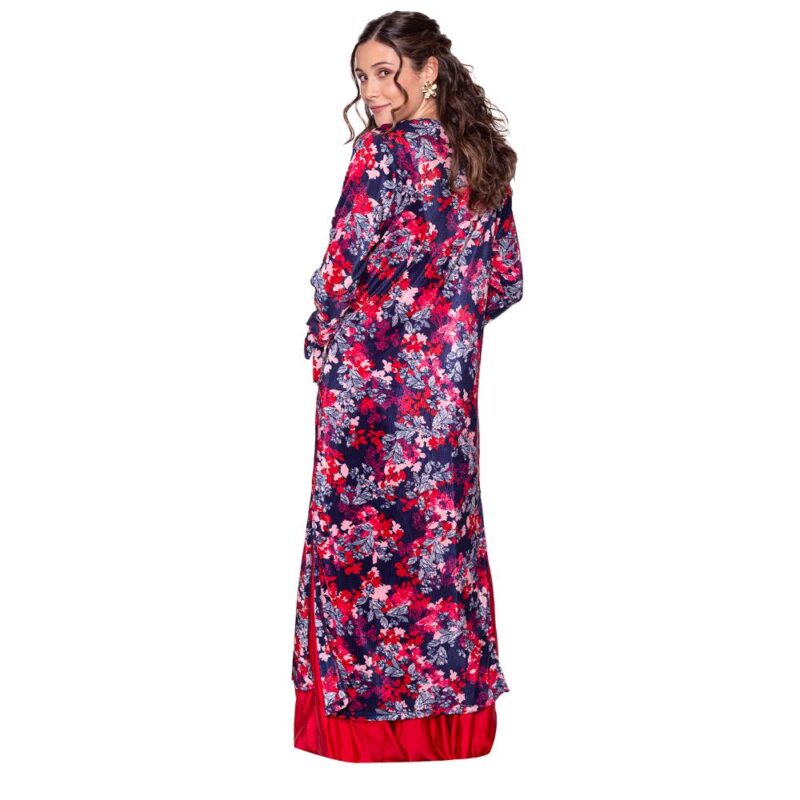 Tapado Kimono Largo Verona Azul Flores Plisado Maria Paskaro