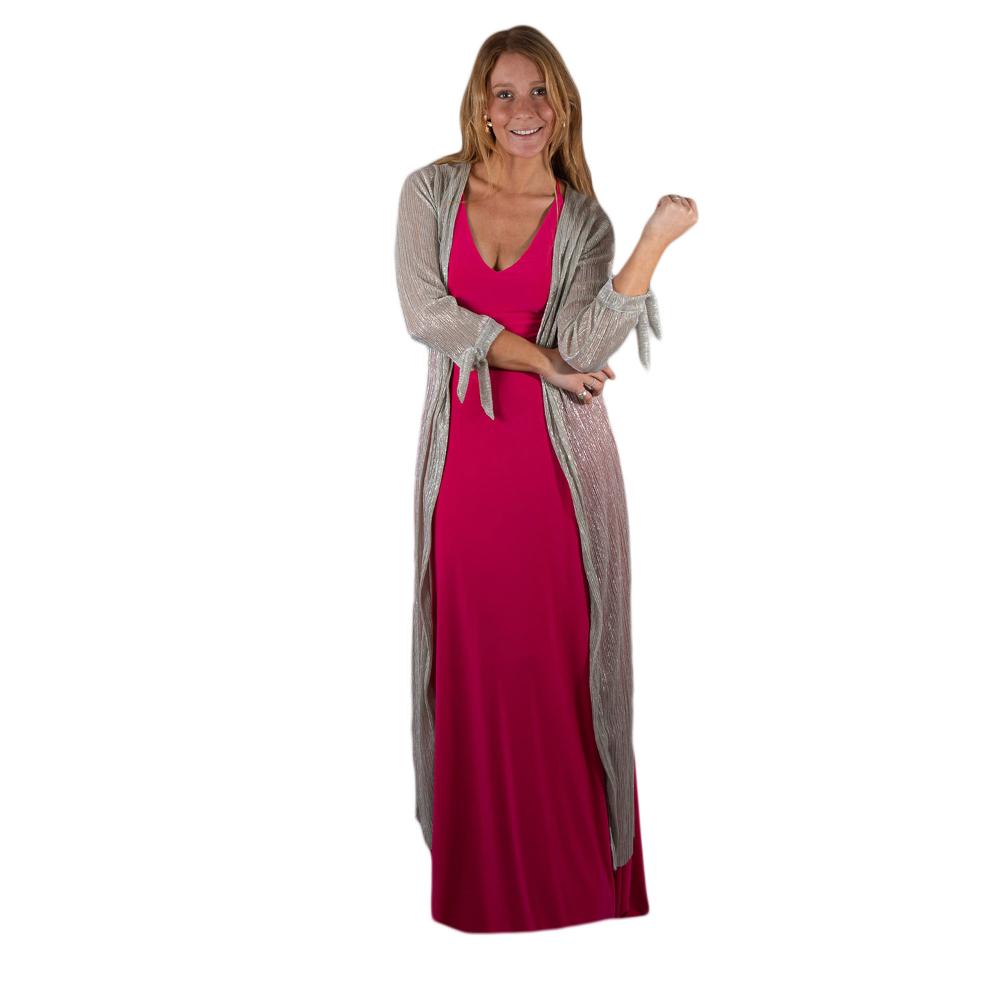 Tapado Kimono Largo Verona Plateado Plisado Transparente Metalizado Maria Paskaro