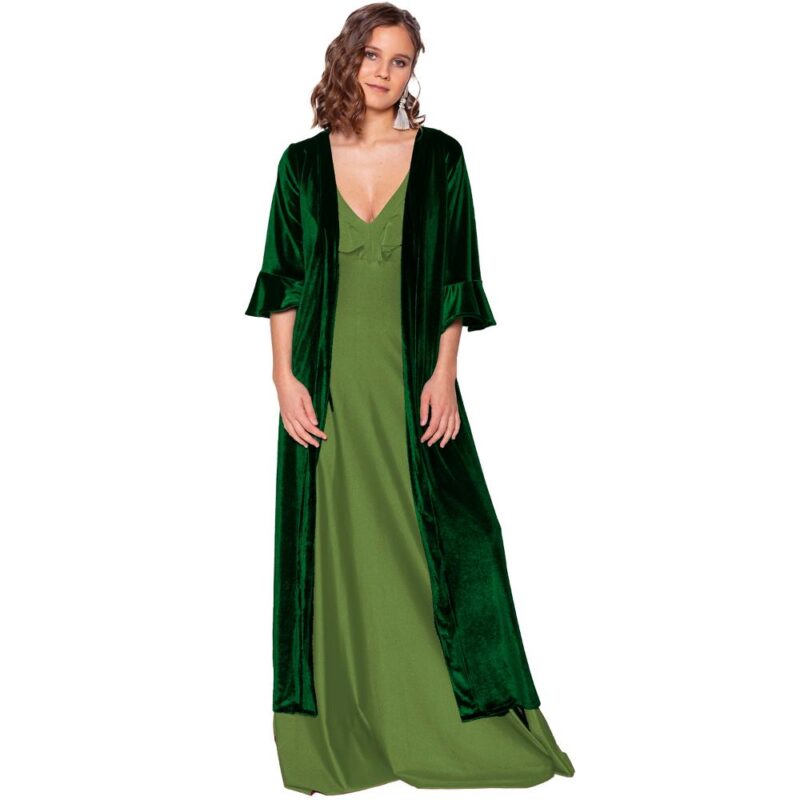 Tapado Kimono Largo Vuelos Verde Terciopelo Maria Paskaro