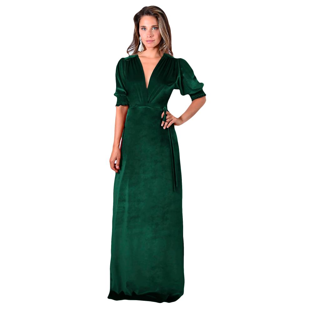 Vestido Largo Sevilla Verde Botella Terciopelo Mangas  Maria Paskaro