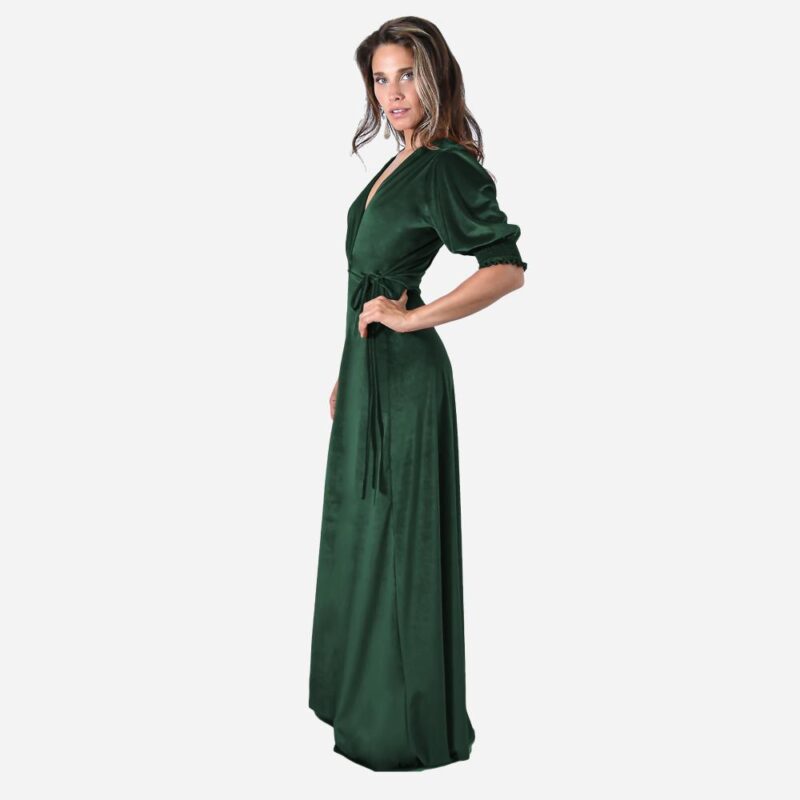 Vestido Largo Sevilla Verde Botella Terciopelo Mangas  Maria Paskaro